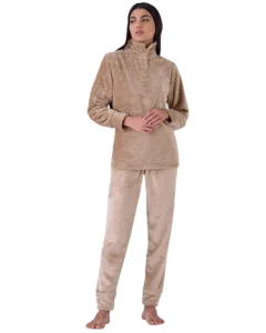 Pigiama Donna Pile Coral Jaquard Beige Pigiamiamoci